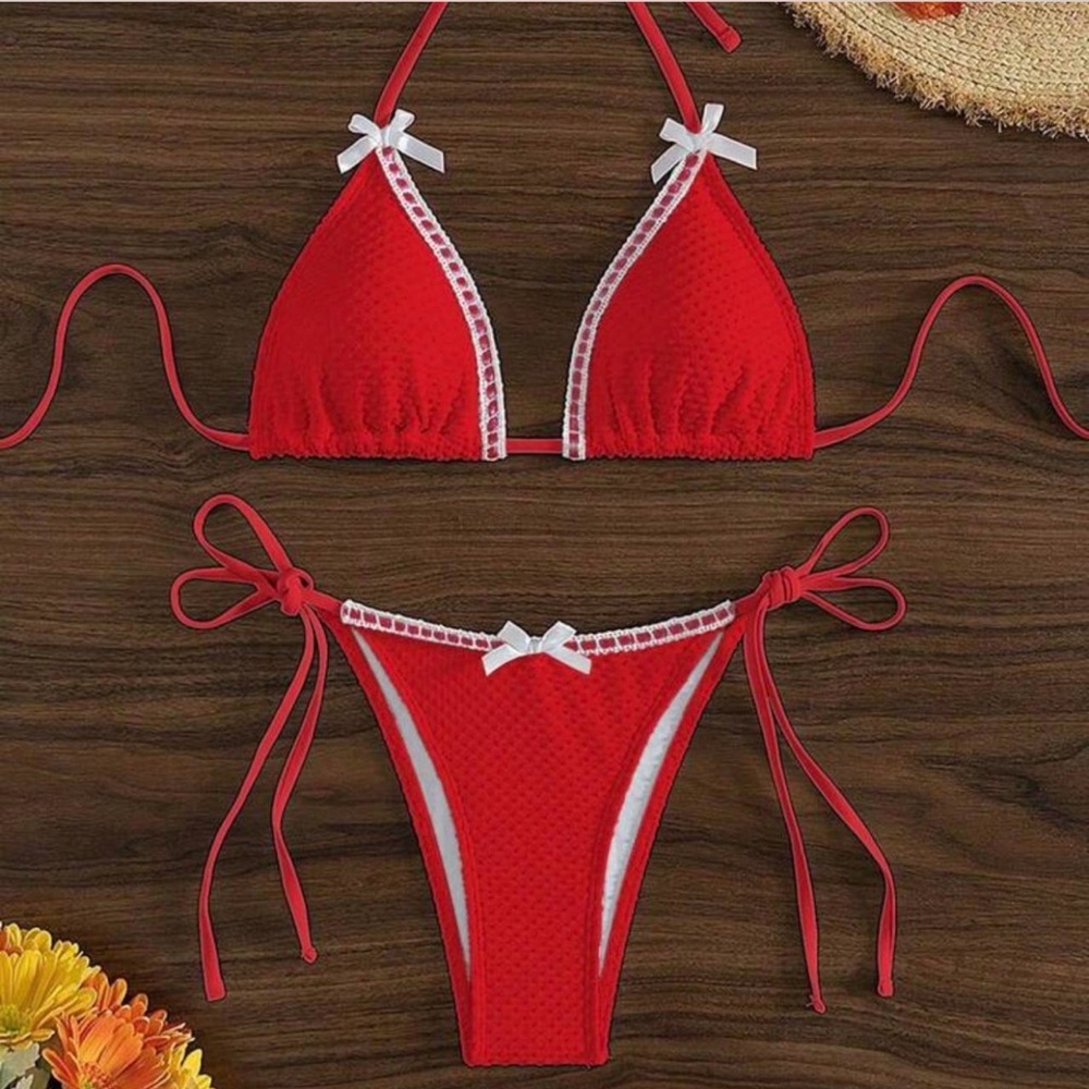 BRAND NEW Red Bikini Set with Bow White Accents